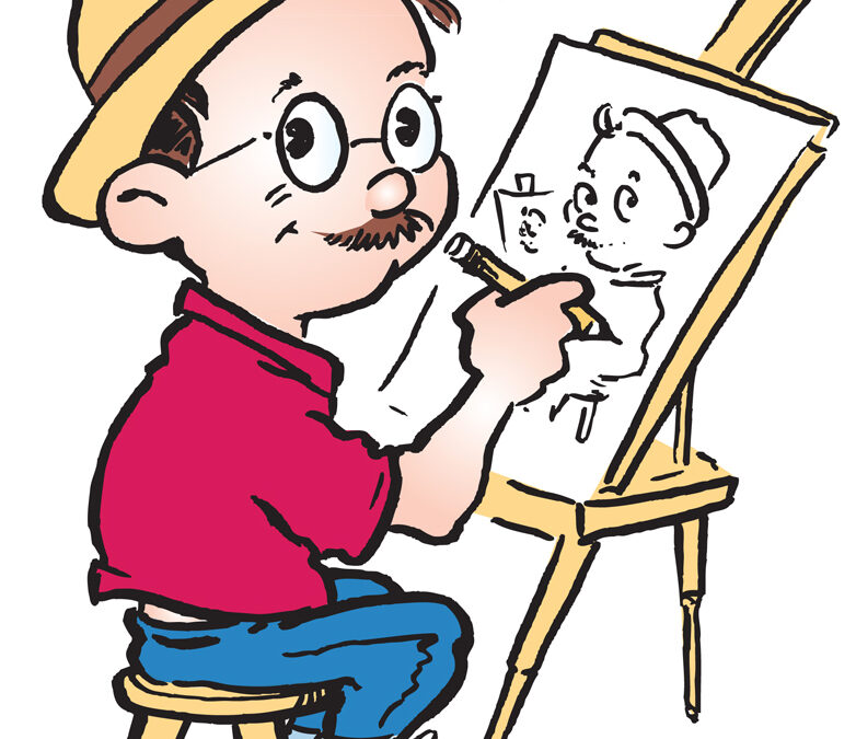 cartoon caricature of David Pitts drawing at an easel