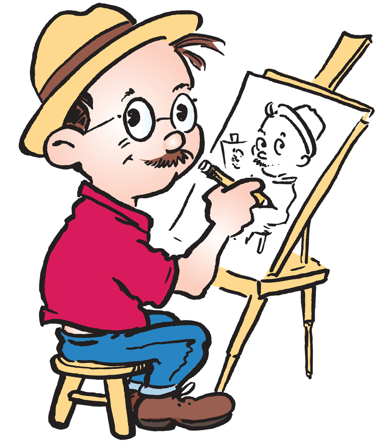 cartoon caricature of David Pitts drawing at an easel